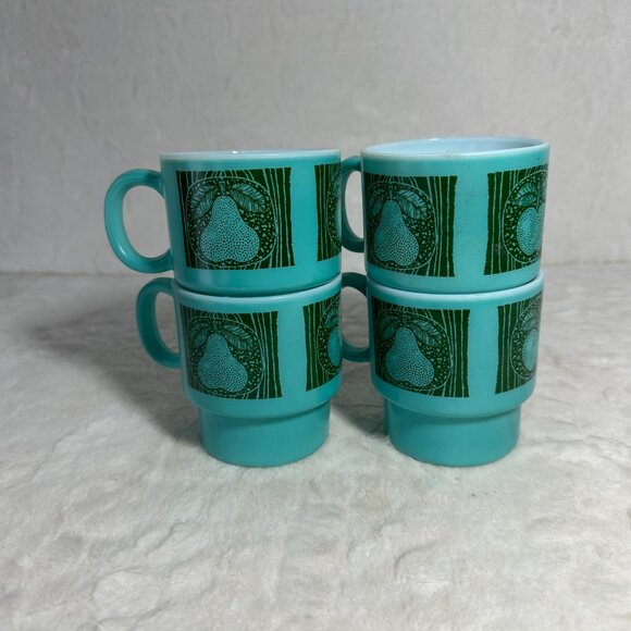 Hazelware Other - 4 Vintage Teal Blue Stackable Coffee Mug Cups Turquoise Hazelware Fruit W6809